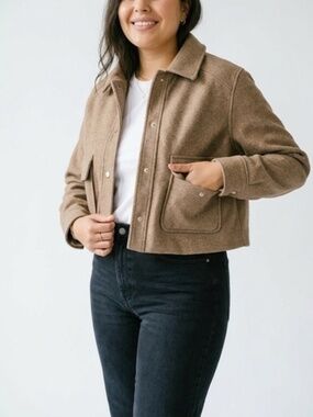 ZARA Women's Cropped Jacket Shirt Shacket Camel Tan XL - Like New Condition